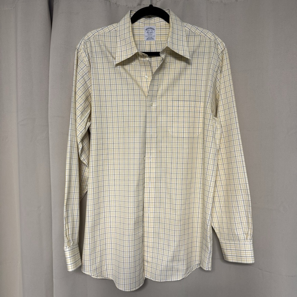 Brooks Brothers Dress Shirt Mens 16 1/2 - 35 Yellow w/Blue Checks Non Iron